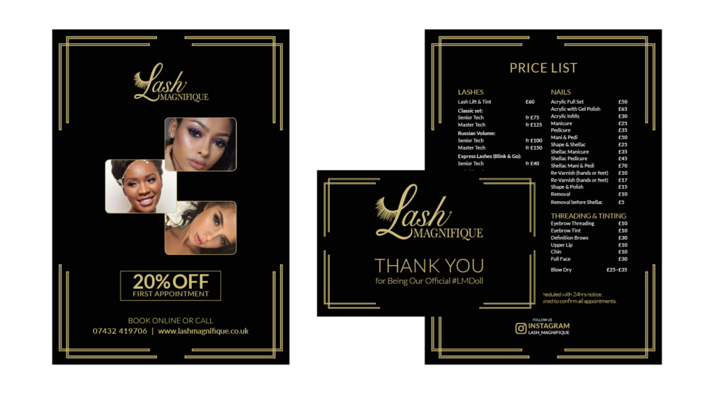 Price list and other printed collateral for a beauty salon - Brand transformation Hertfordshire