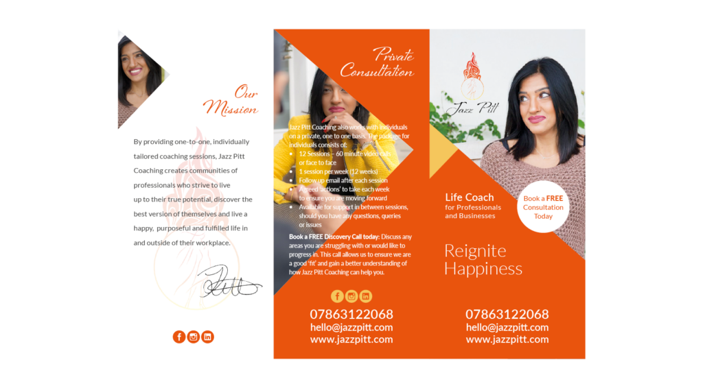 Trifold leaflet for a life coach - Brand transformation for wellness and aesthetics Hertfordshire