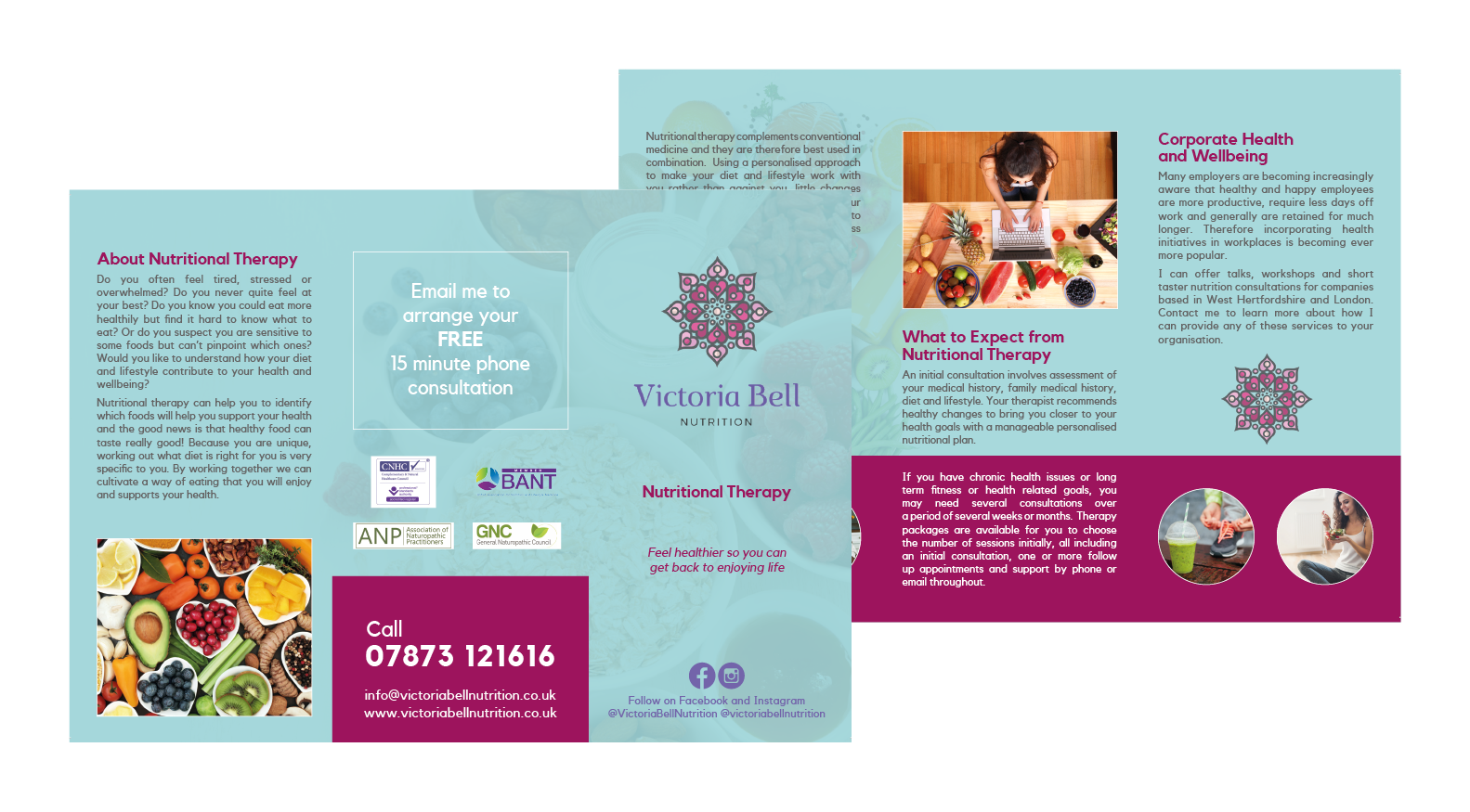 Trifold leaflet for a nutritional therapist - Brand transformation for wellbeing. Hertfordshire