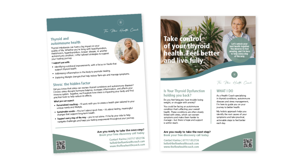 Printed collateral for a wellbeing coach - Brand transformation Hertfordshire