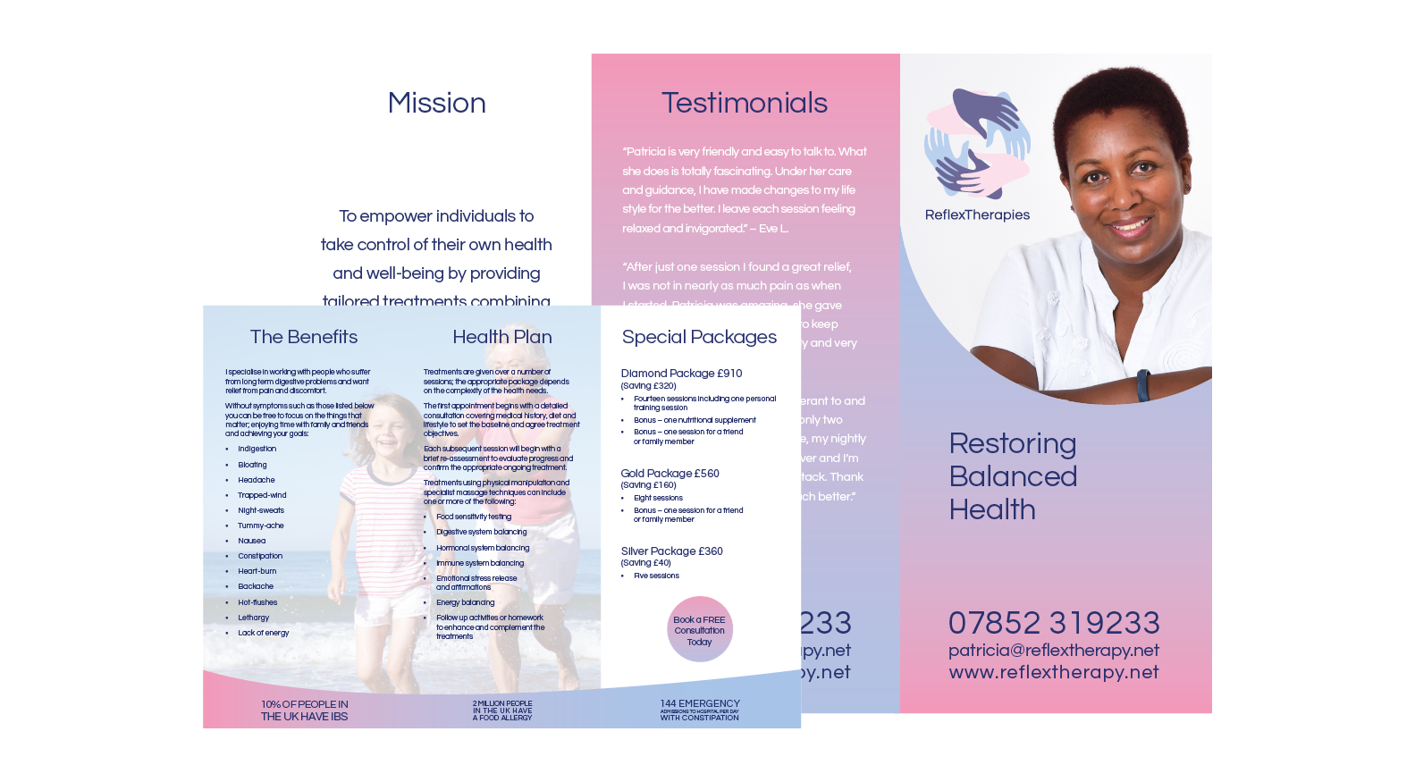 Trifold leaflet for a Reflexologist - Brand transformation for wellness and aesthetics Hertfordshire