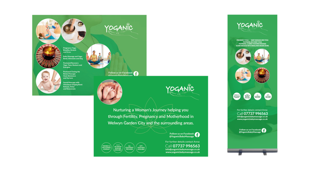 Printed collateral for a Yoga coach - Brand transformation for wellbeing. Hertfordshire