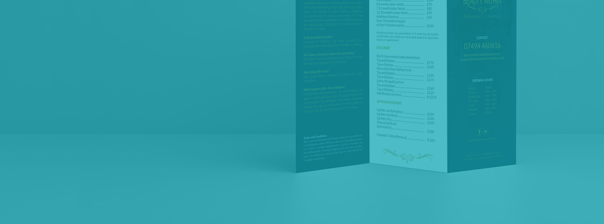 Tri-fold price list design for aesthetics brand - print collateral